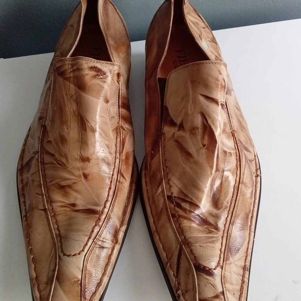 Fiesso by Aurelio Garcia Tan Textured Leather Pointed Toe Slip On‎ Loafers Mens
